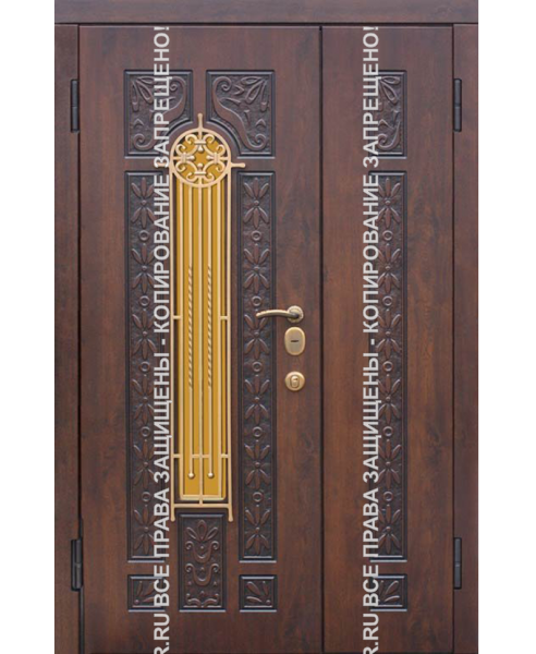 Дверь двухстворчатая металлическая входная МДФ с ковкой/стеклом 3153 Дверь двухстворчатая металлическая входная МДФ с ковкой/стеклом 3153