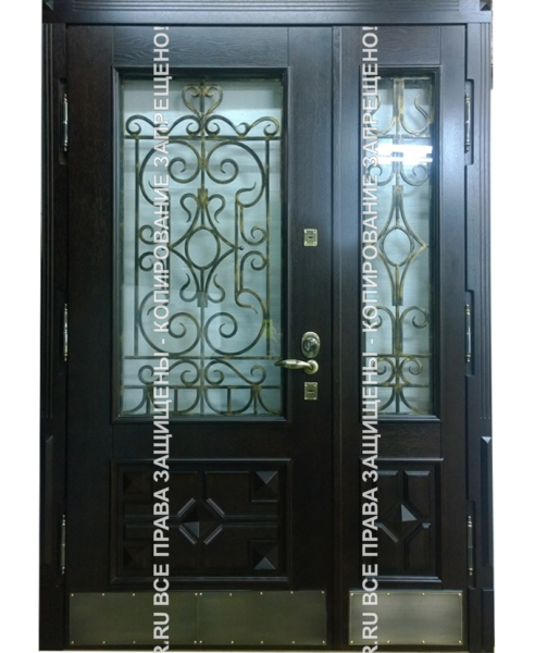 Металлическая двустворчатая дверь МДФ с ковкой/стеклом 3150 Металлическая двустворчатая дверь МДФ с ковкой/стеклом 3150